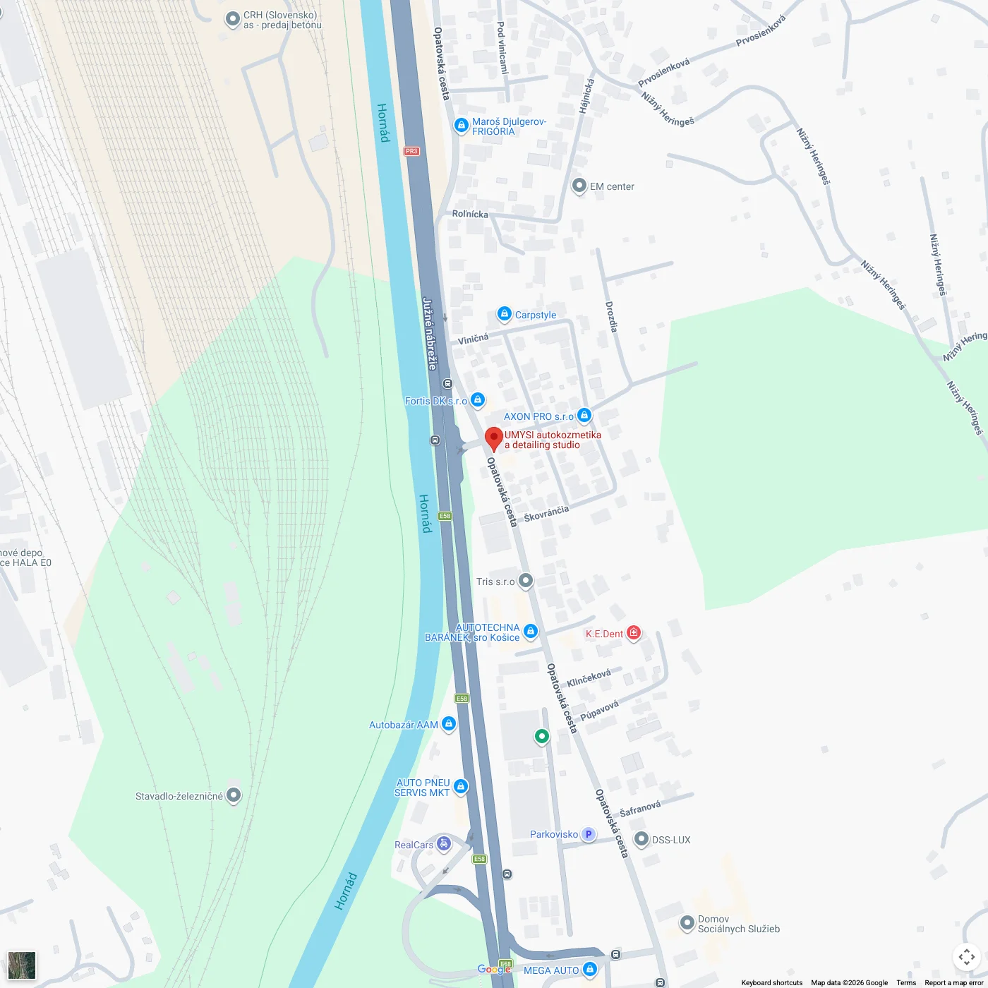 Mapa s vyznačenou polohou detailingového štúdia UMYSI na Opatovskej ceste 63 v Košiciach